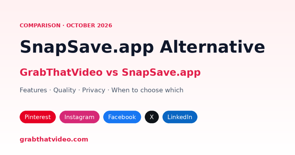 SnapSave.App Alternative: GrabThatVideo vs SnapSave.app (2026) 1 Want a SnapSave alternative that handles Instagram, Facebook, X, Pinterest and LinkedIn in one box? An honest comparison of GrabThatVideo and SnapSave.